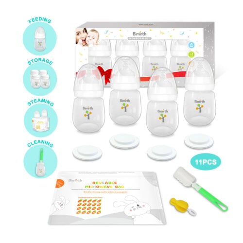 Bimirth Baby Bottle Gift Set - 11-Piece Newborn Feeding Set with Storage Lids, Steam Bag & Brushes